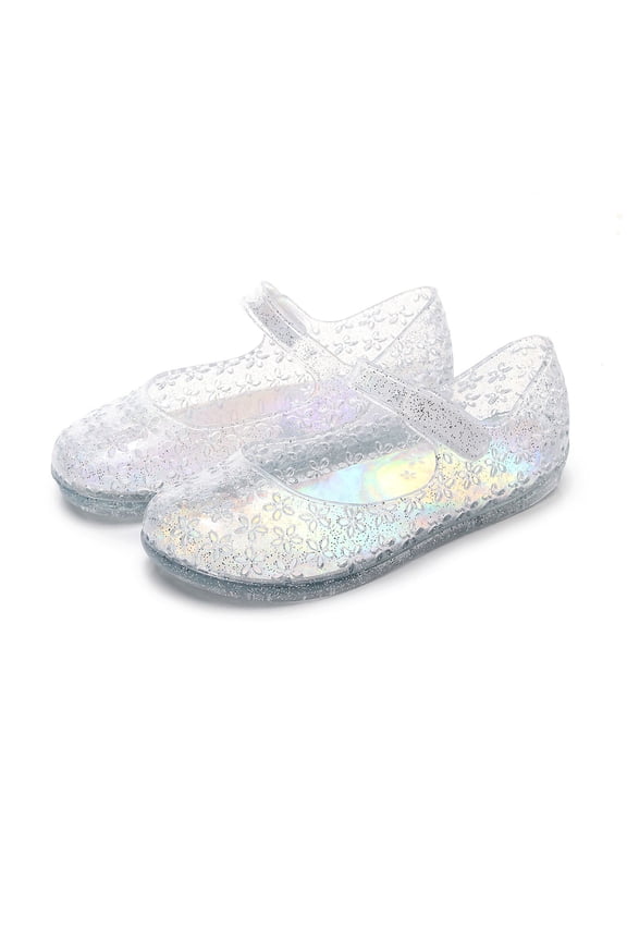 Mary Jane Shoes Girls Transparent Glitter Floral Jelly Flats Shoes Hook Loop Closed Toe Water Shoes Beach Poolside Vacation Party Outfits White 29