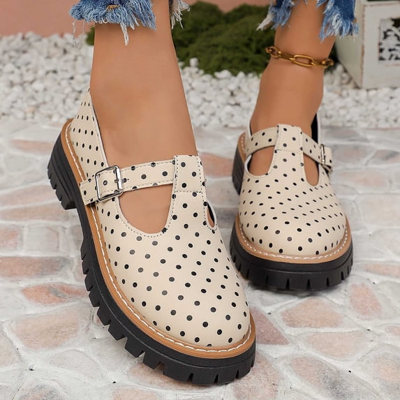 Gamivast Mary Jane Shoes for Women Polka Dot Faux Leather Flat Shoes Round Toe T Strap Buckle Chunky Shoes for Travel Walking Casual Footwear Beige 43