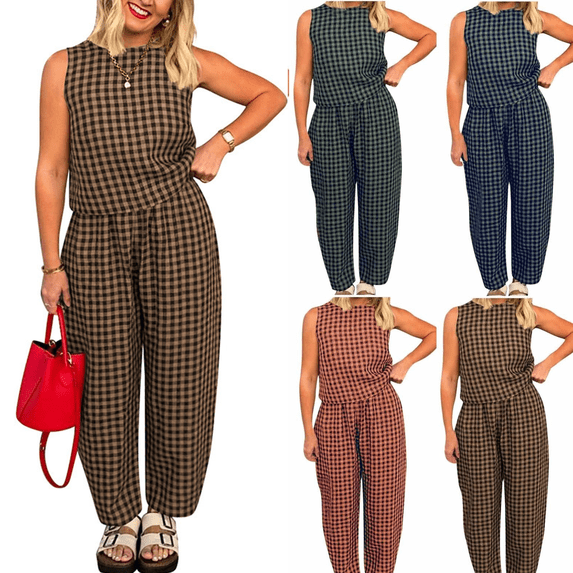 Gamivast Matching Sets Women 2 Piece Outfits Plaid Sleeveless Top & Wide Leg Pants Summer Suits Gingham Checkered Print Loose Fit Vacation Beach Casual Clothing
