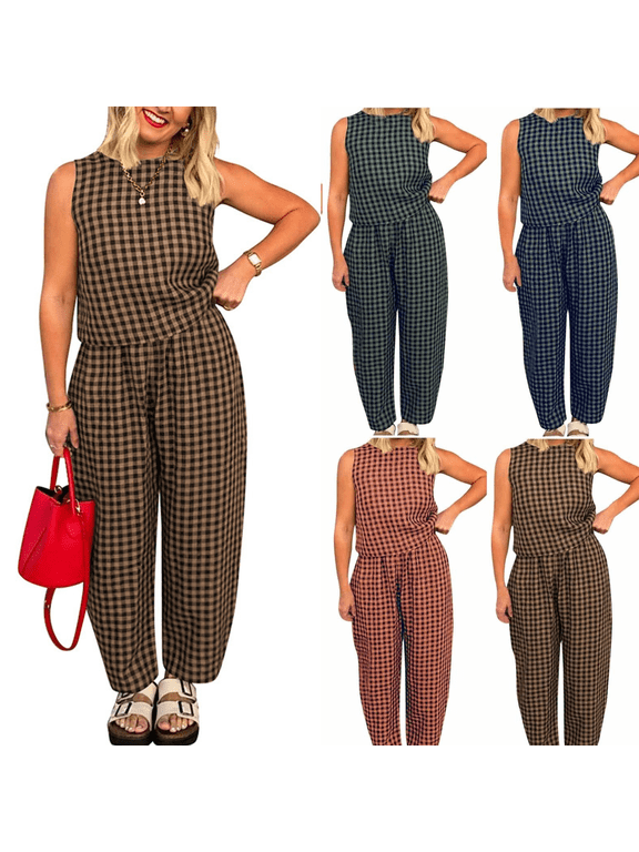 Matching Sets Women 2 Piece Outfits Plaid Sleeveless Top & Wide Leg Pants Summer Suits Gingham Checkered Print Loose Fit Vacation Beach Casual Clothing