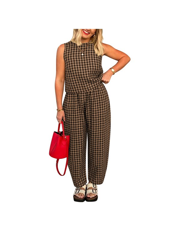 Matching Sets Women 2 Piece Outfits Plaid Sleeveless Top & Wide Leg Pants Summer Suits Gingham Checkered Print Loose Fit Vacation Beach Casual Clothing