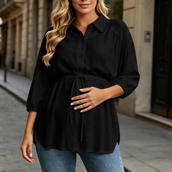 Gamivast Maternity Shirts for Women Button Down Long Sleeve Drawstring Waist Peplum Blouse Casual V Neck Tunic Tops Elegant Fall Work Office Wear Black L