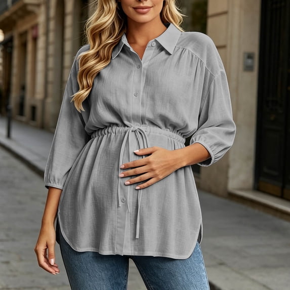 Gamivast Maternity Shirts for Women Button Down Long Sleeve Drawstring Waist Peplum Blouse Casual V Neck Tunic Tops Elegant Fall Work Office Wear Gray XXL