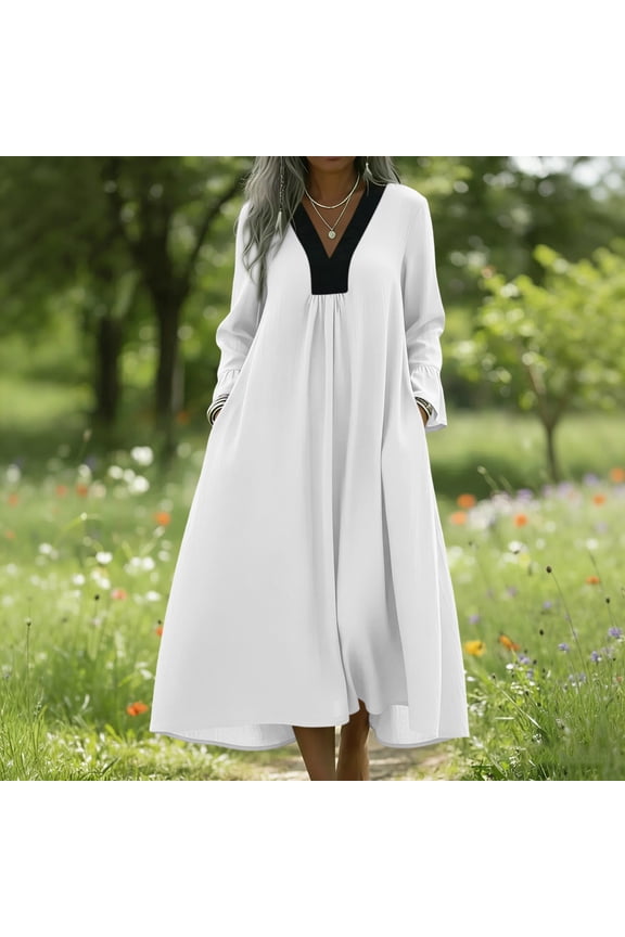 Maxi Dress for Women Loose Fit V-Neck Long Dress Long Sleeve Kaftan Dress Contrast White Trim With Pockets for Casual Lounge Vacation