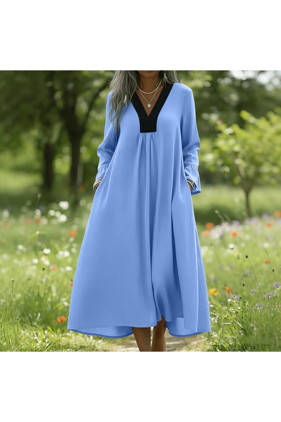 Maxi Dress for Women Loose Fit V-Neck Long Dress Long Sleeve Kaftan Dress Contrast White Trim With Pockets for Casual Lounge Vacation