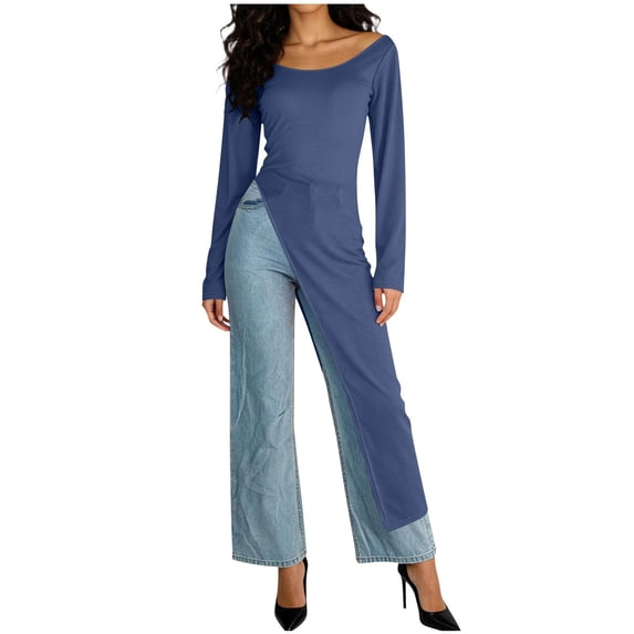 Gamivast Maxi Dress for Women Scoop Neck Long Sleeve High Slit Tunic Top Longline Shirt Style Casual Outfits Streetwear Fashion Side Split Dress Wear