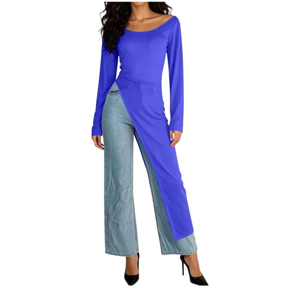Gamivast Maxi Dress for Women Scoop Neck Long Sleeve High Slit Tunic Top Longline Shirt Style Casual Outfits Streetwear Fashion Side Split Dress Wear
