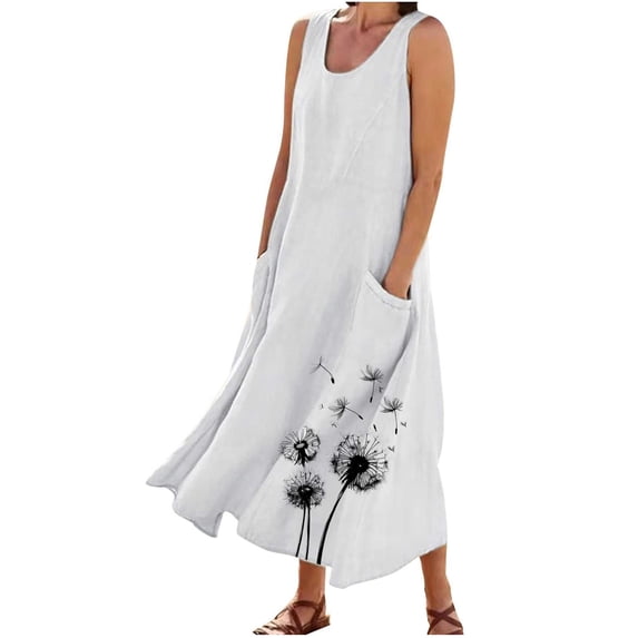 Gamivast Maxi Dress for Women Sleeveless Print Sundress With Pockets Loose Fit Beach Dress Casual Summer Vacation Daily Lounge Wear