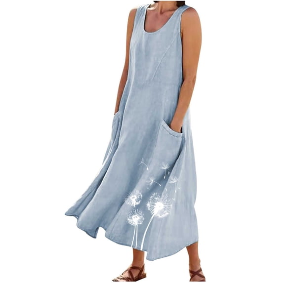 Gamivast Maxi Dress for Women Sleeveless Print Sundress With Pockets Loose Fit Beach Dress Casual Summer Vacation Daily Lounge Wear