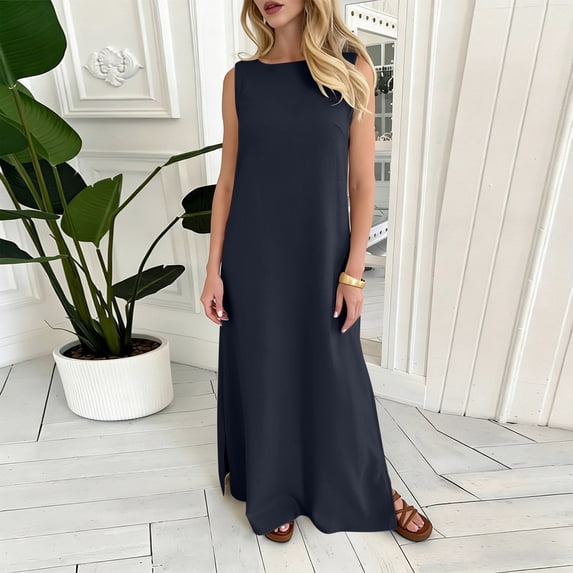 Gamivast Maxi Dresses for Women Loose Fit Crew Neck Long Dress Sleeveless Column Dress Solid Side Slit Casual Style for Summer Beach Lounge