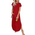 thumbnail image 1 of Gamivast Maxi Dresses for Women Padded Shoulder Crew Neck Sleeveless Casual Dresses Chic Summer Dresses Solid Side Slit Pockets Loose Fit Work, 1 of 2