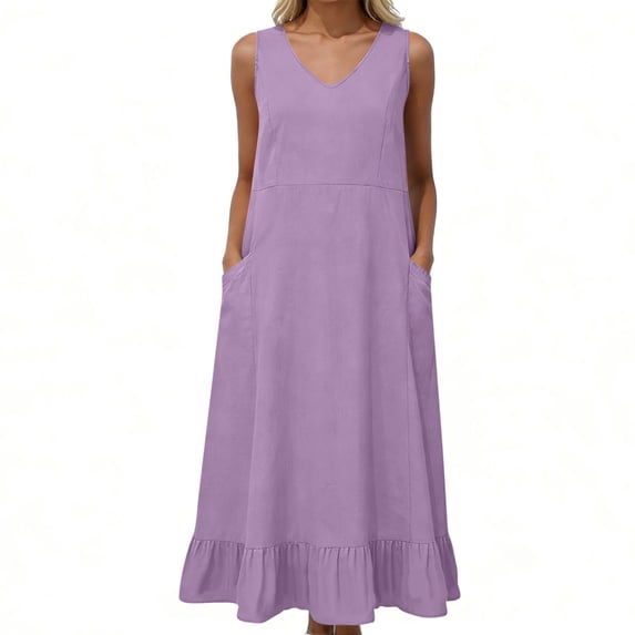 Gamivast Maxi Dresses for Women Sleeveless V-Neck Solid Color Ruffle Sundress Loose Fit Pockets Beach Dress Flowy Summer Vacation Holiday Party