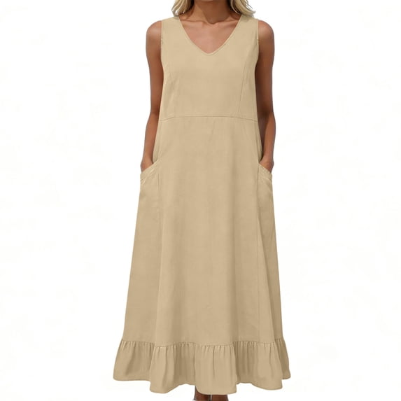 Gamivast Maxi Dresses for Women Sleeveless V-Neck Solid Color Ruffle Sundress Loose Fit Pockets Beach Dress Flowy Summer Vacation Holiday Party