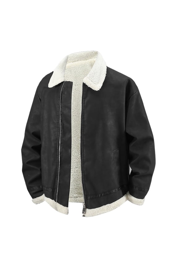 Men Faux Leather Jackets Sherpa Lined Winter Warm Coat Vintage Moto Biker Outerwear Zip up Fleece Motorcycle Bomber Jacket Black XL