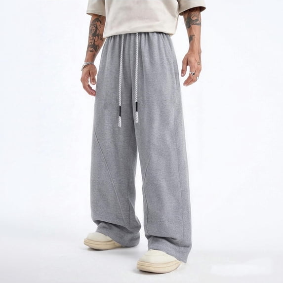 Men'S Sweatpants Barrel Drawstring Elastic Waist Solid Color Loose Baggy Sweatpants Soft Warm Wide Leg Pants Casual Streetwear Lounge Outfits