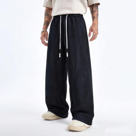 Men'S Sweatpants Barrel Drawstring Elastic Waist Solid Color Loose Baggy Sweatpants Soft Warm Wide Leg Pants Casual Streetwear Lounge Outfits