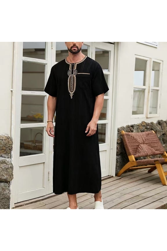 Men Shirts Casual Stylish Islamic Kaftan Robe Embroidery Breathable Casual Shirts Stand Collar Dress Shirts Long Sleeve Muslim Prayer Ramadan Thobe