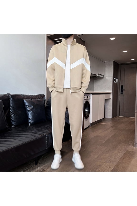 Men's 2 Piece Athletic Set Full Zip Jacket and Pants Color Block Tracksuit Stand Collar Suit for Gym Running Workout Jogging Sporty Outfit