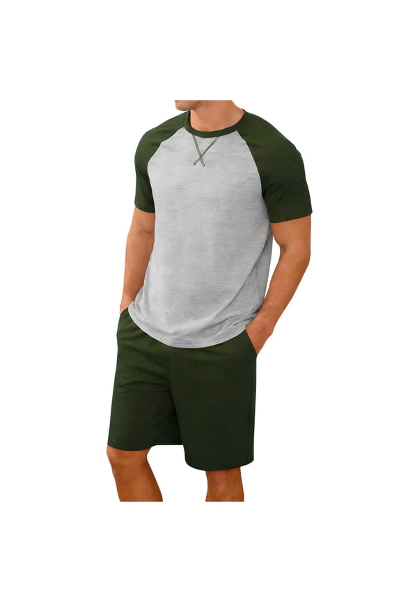 Men's 2 Piece Athletic Set Raglan Short Sleeve T-Shirt and Shorts Color Block Gym Workout Outfit Breathable Soft Casual Running Sport Suit