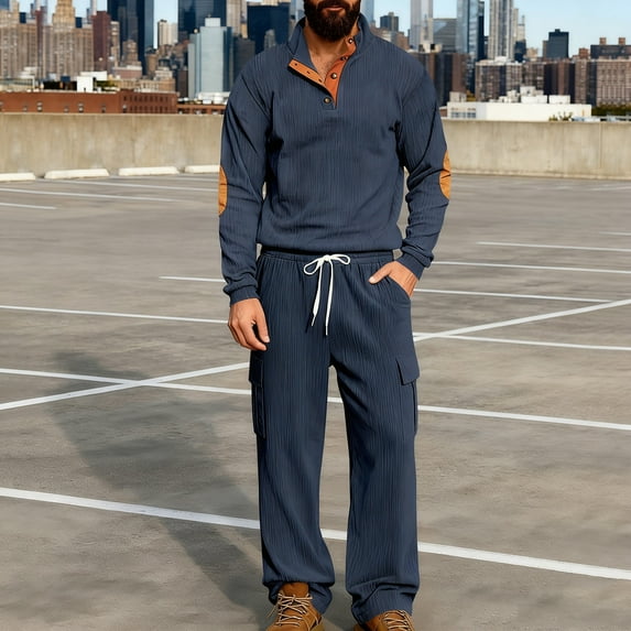 Gamivast Men's 2 Piece Corduroy Set Henley Pullover with Elbow Patches and Cargo Pants Ribbed Texture Outfit for Casual Daily Outdoor Vintage Style Attire