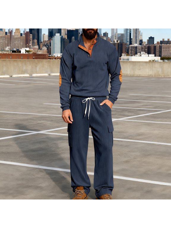 Men's 2 Piece Corduroy Set Henley Pullover with Elbow Patches and Cargo Pants Ribbed Texture Outfit for Casual Daily Outdoor Vintage Style Attire