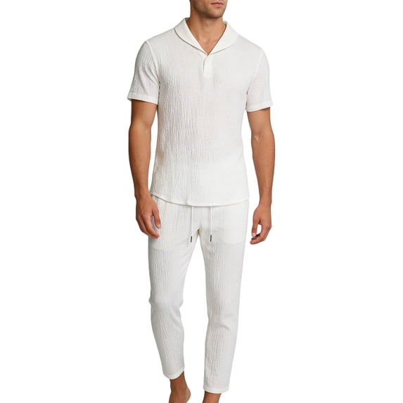 Gamivast Men's 2 Piece Crinkle Set Shawl Collar V-Neck Shirt and Drawstring Pants Textured Summer Outfit for Beach Lounge Casual Daily Relaxed Wear
