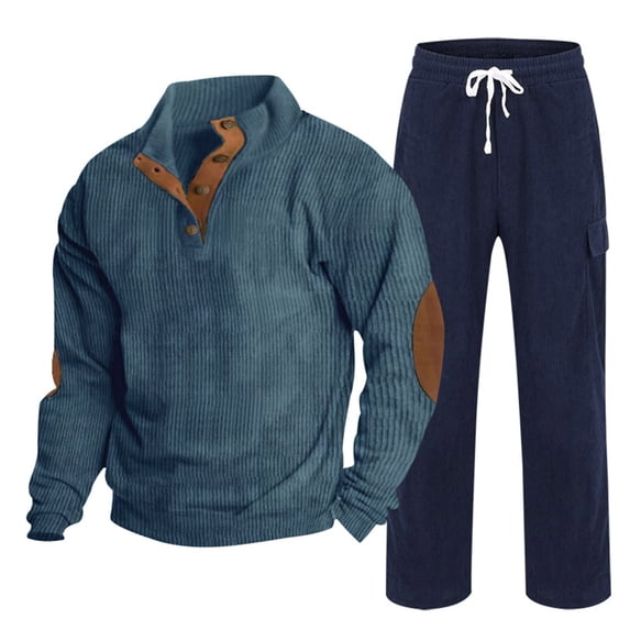 Gamivast Men's 2 Piece Henley Set Contrast Elbow Patch Top and Drawstring Pants Breathable Waffle-Knit Outfit for Casual Daily Home Relaxing Attire