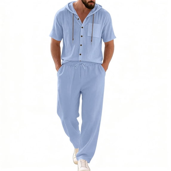 Gamivast Men's 2 Piece Linen Textured Set Short Sleeve Hooded Henley Shirt and Pants Breathable Summer Beach Outfit Casual Soft Loose Fit Vacation Suit