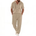 thumbnail image 1 of Gamivast Men's 2 Piece Linen Textured Set Short Sleeve Hooded Henley Shirt and Pants Breathable Summer Beach Outfit Casual Soft Loose Fit Vacation Suit, 1 of 9