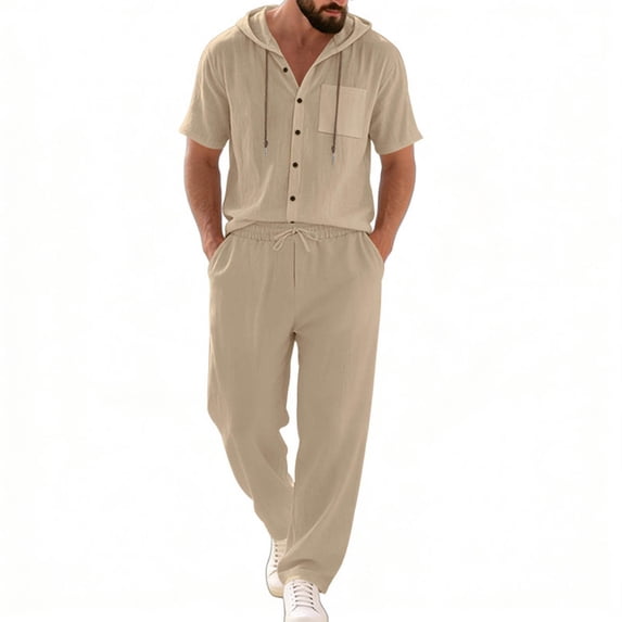 Gamivast Men's 2 Piece Linen Textured Set Short Sleeve Hooded Henley Shirt and Pants Breathable Summer Beach Outfit Casual Soft Loose Fit Vacation Suit
