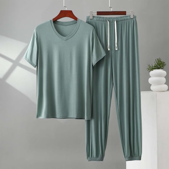Gamivast Men's 2 Piece Pajama Set Soft V-Neck Short Sleeve Tee and Cuffed Joggers Sleepwear Lightweight Loungewear Breathable Casual Nightwear Outfit