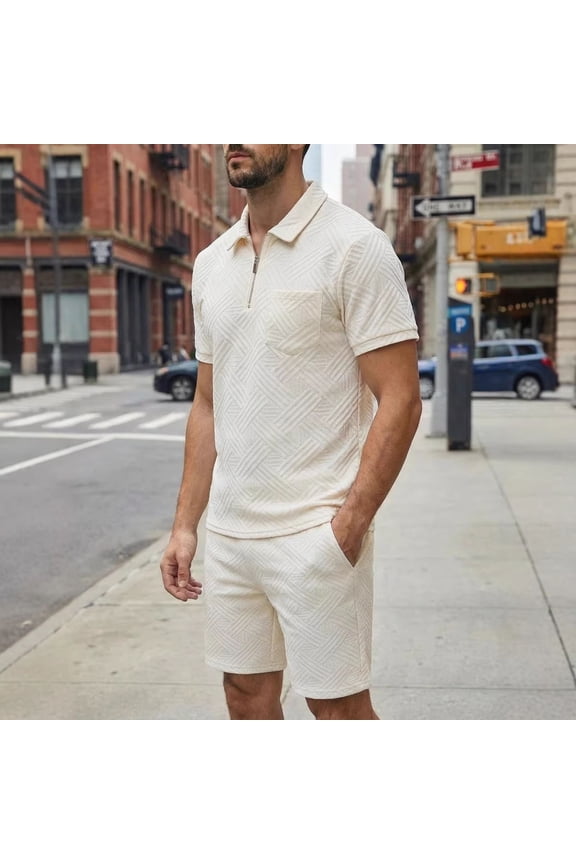 Men's 2 Piece Set Quarter Zip Short Sleeve Textured Shirt and Shorts Outfit Soft Jacquard Suit for Golf Tennis Summer Casual Vacation Daily