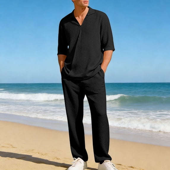 Gamivast Men's 2 Piece Set Textured V Neck and Loose Fit Pants Breathable Summer Outfit for Beach Vacation Soft Casual Daily Lounge Walking Suit