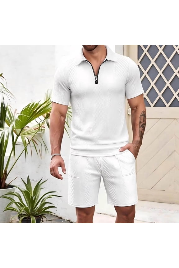 Men's 2 Piece Shirt and Shorts Set Textured Quarter Zip Top Slim Fit Summer Suit Breathable Casual Smart Fashion Sport Streetwear Outfit