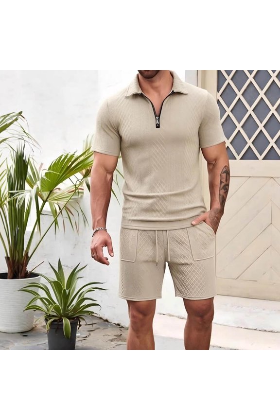 Men's 2 Piece Shirt and Shorts Set Textured Quarter Zip Top Slim Fit Summer Suit Breathable Casual Smart Fashion Sport Streetwear Outfit