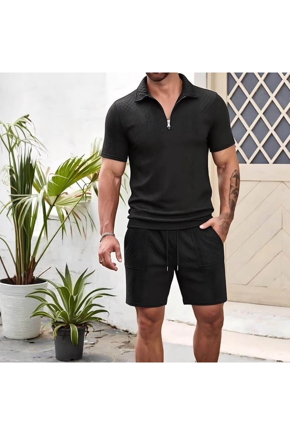 Men's 2 Piece Shirt and Shorts Set Textured Quarter Zip Top Slim Fit Summer Suit Breathable Casual Smart Fashion Sport Streetwear Outfit