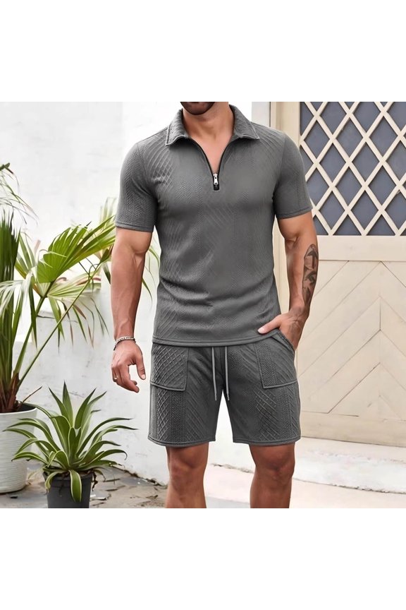 Men's 2 Piece Shirt and Shorts Set Textured Quarter Zip Top Slim Fit Summer Suit Breathable Casual Smart Fashion Sport Streetwear Outfit