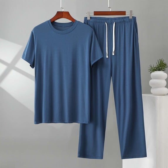 Gamivast Men's 2 Piece Sleepwear Set Soft Crew Neck Tee and Straight Leg Pants Loose Fit Loungewear Breathable Pajamas Lightweight Nightwear Home Suit