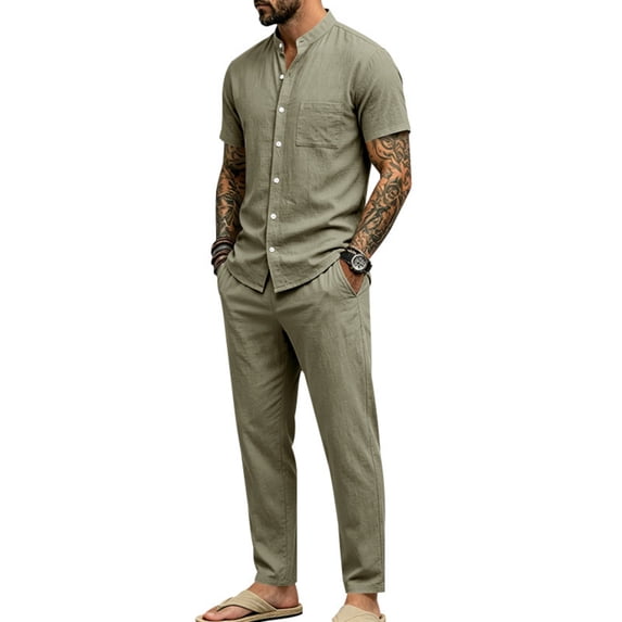Gamivast Men's 2 Piece Summer Beach Outfits Short Sleeve Button Down Banded Collar Shirts and Long Pants Set Casual Linen Feel Vacation Yoga Lightweight Suits Green XXXL