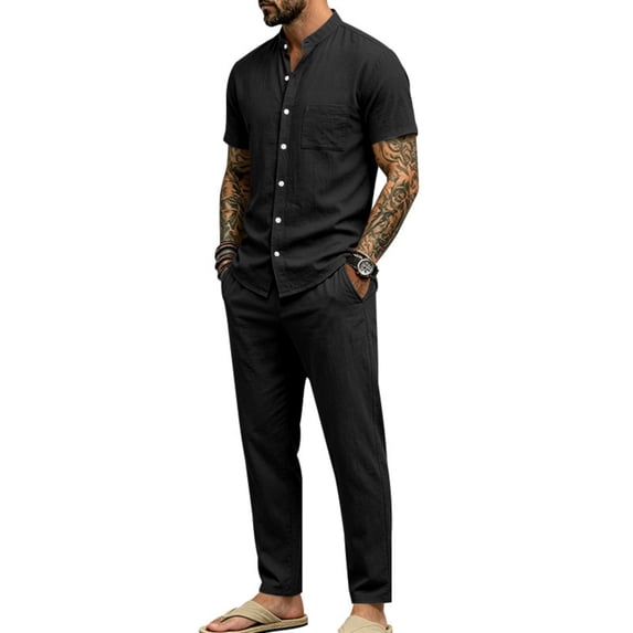 Gamivast Men's 2 Piece Summer Beach Outfits Short Sleeve Button Down Banded Collar Shirts and Long Pants Set Casual Linen Feel Vacation Yoga Lightweight Suits Black L