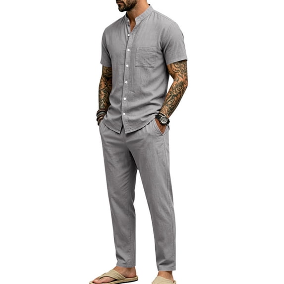 Gamivast Men's 2 Piece Summer Beach Outfits Short Sleeve Button Down Banded Collar Shirts and Long Pants Set Casual Linen Feel Vacation Yoga Lightweight Suits Gray XXL