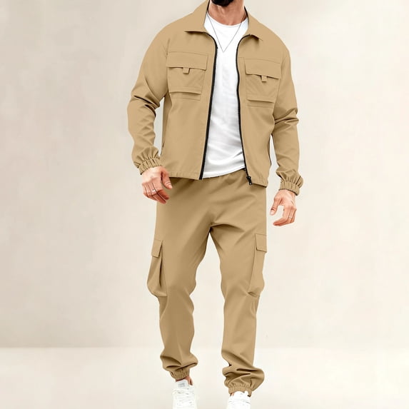 Gamivast Men's 2 Piece Utility Set Full Zip Jacket with Chest Pockets and Cargo Pants Outdoor Tracksuit Workwear Style Outfit for Casual Daily Hiking Travel
