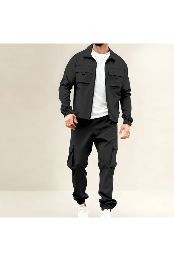 Men's 2 Piece Utility Set Full Zip Jacket with Chest Pockets and Cargo Pants Outdoor Tracksuit Workwear Style Outfit for Casual Daily Hiking Travel