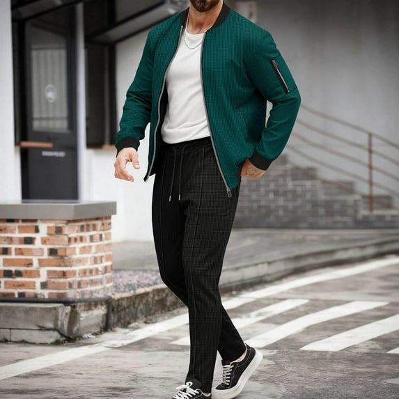 Gamivast Men's 2 Piece Waffle-Knit Tracksuit Full Zip Bomber Jacket and Drawstring Pants Set Textured Athletic Outfit for Casual Daily Gym Workout Sporty Wear