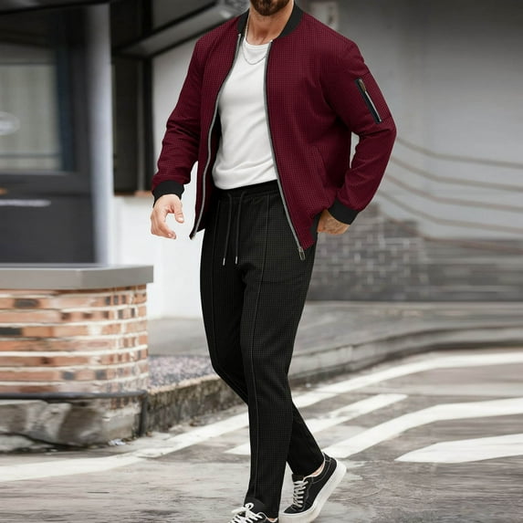 Gamivast Men's 2 Piece Waffle-Knit Tracksuit Full Zip Bomber Jacket and Drawstring Pants Set Textured Athletic Outfit for Casual Daily Gym Workout Sporty Wear