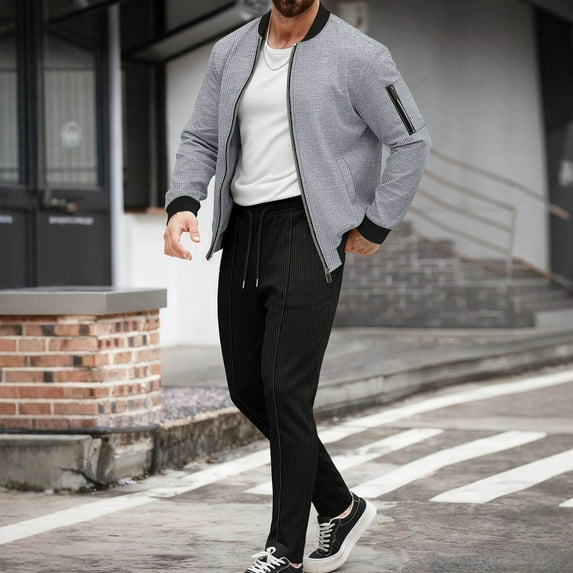 Gamivast Men's 2 Piece Waffle-Knit Tracksuit Full Zip Bomber Jacket and Drawstring Pants Set Textured Athletic Outfit for Casual Daily Gym Workout Sporty Wear