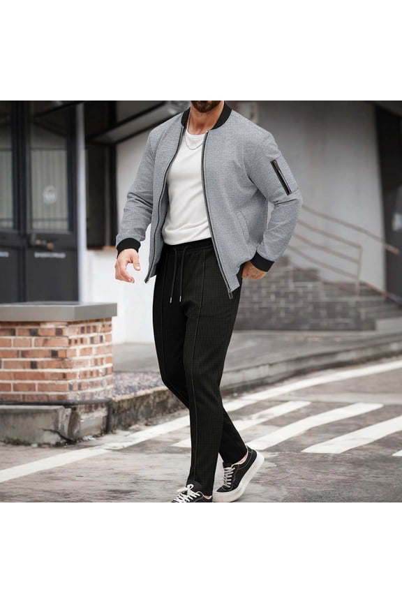 Men's 2 Piece Waffle-Knit Tracksuit Full Zip Bomber Jacket and Drawstring Pants Set Textured Athletic Outfit for Casual Daily Gym Workout Sporty Wear