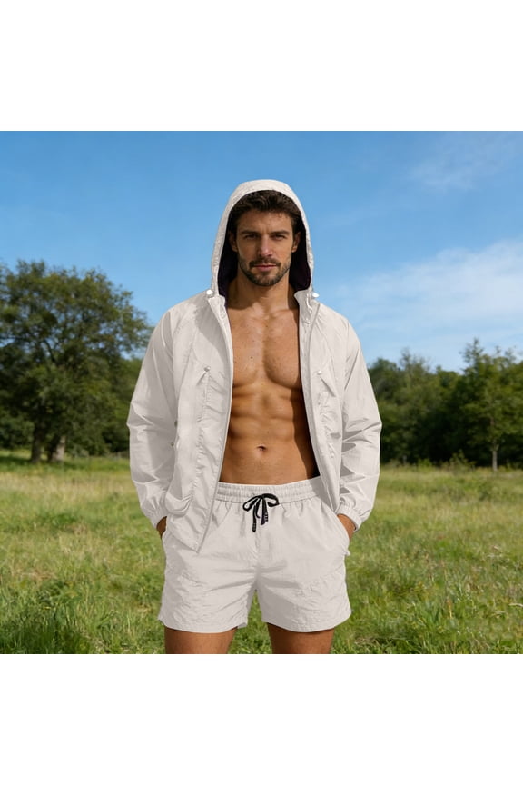 Men's Athletic Short Set Full Zip Windbreaker Jacket and Cargo Shorts Lightweight 2 Piece Outfit for Summer Hiking Running Outdoor Sport Wear