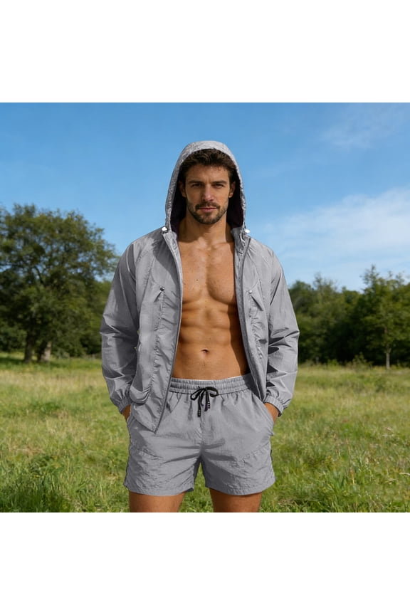 Men's Athletic Short Set Full Zip Windbreaker Jacket and Cargo Shorts Lightweight 2 Piece Outfit for Summer Hiking Running Outdoor Sport Wear