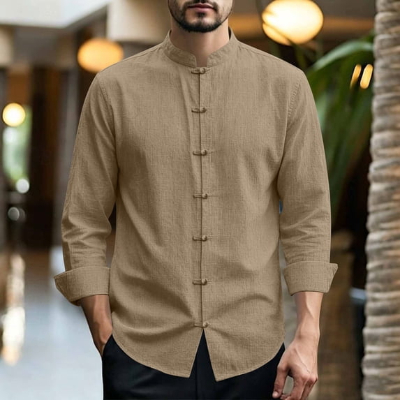 Gamivast Men's Band Collar Shirts Long Sleeve Button Down Casual Beach Tops Cotton Linen Henley T-Shirts Loose Fit Pullover Blouses for Summer Fall Everyday Wear